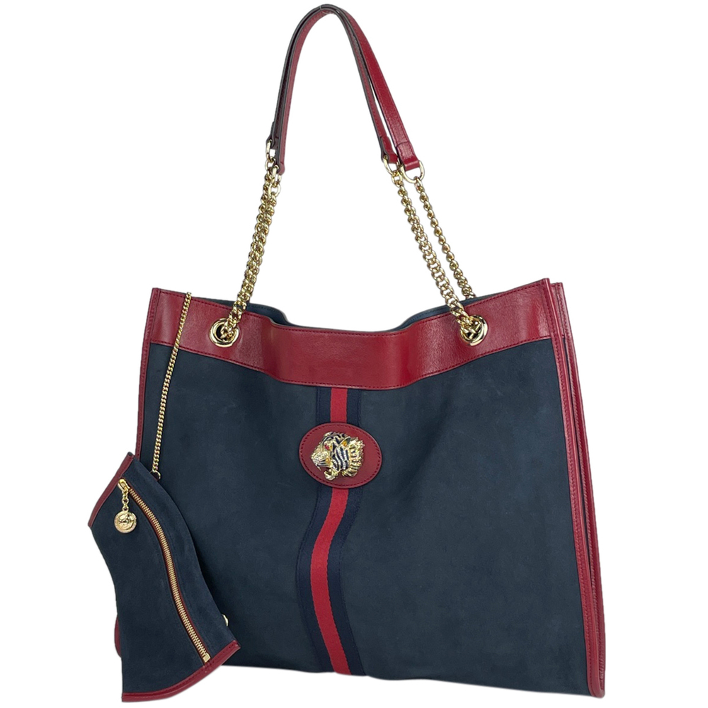 Gucci Raja Large Tote Bag Tiger Head Shoulder Chain Sherry Line Suede Navy Red
